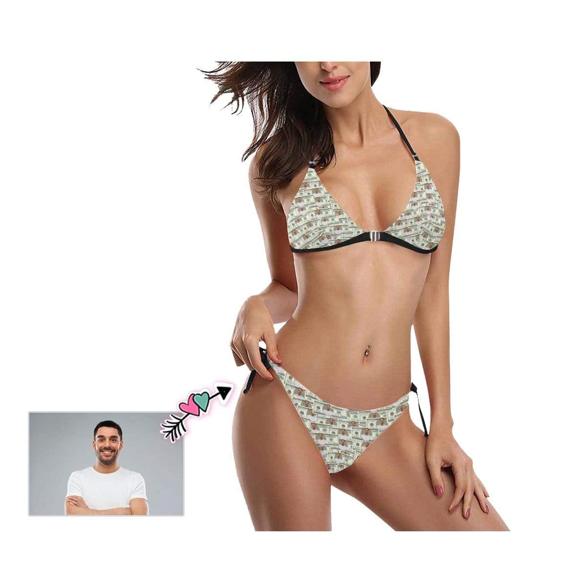 Custom Custom Face Dollar Button Link Halter Tie Side Low Waisted Triangle Bikini Women's Two Piece Swimsuit Summer Beach Pool Outfits - YesCustom