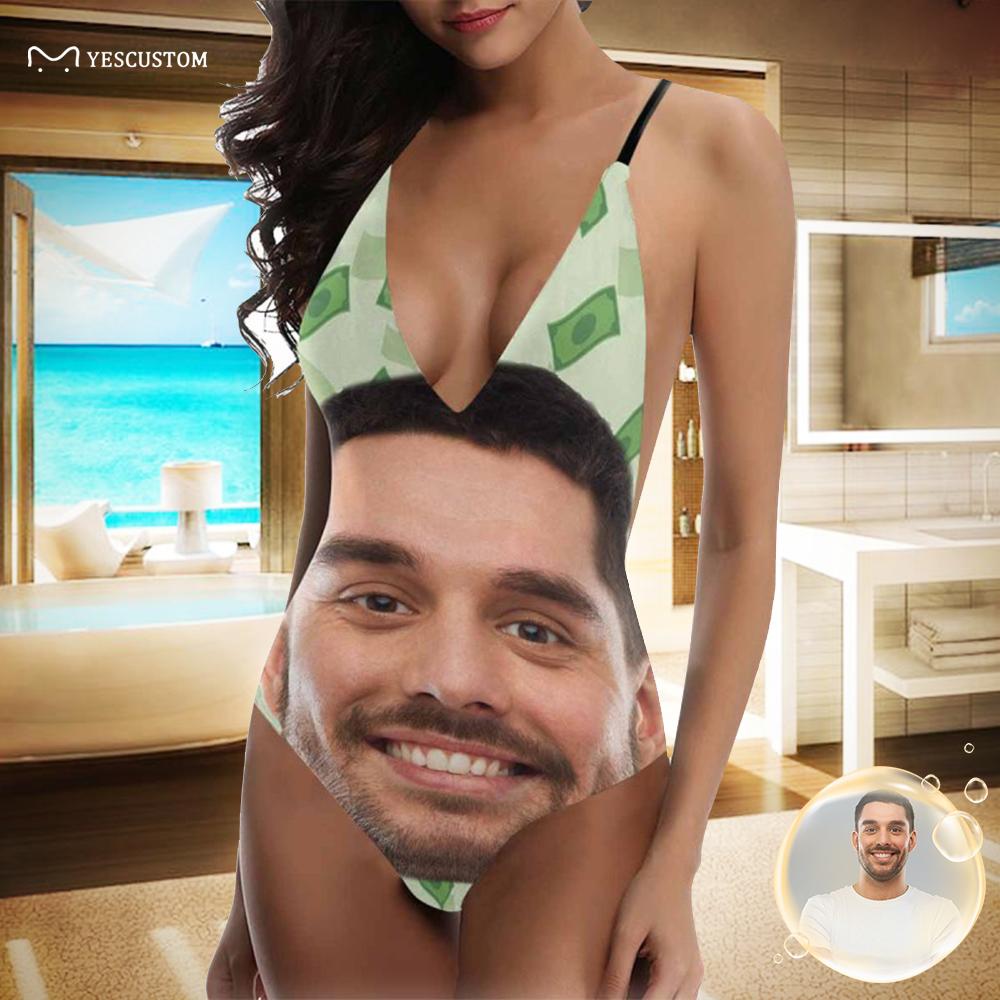 Custom Custom Face Dollar Swimsuit Personalized Women's Lacing Backless One-Piece Bathing Suit Birthday Gift Party - YesCustom