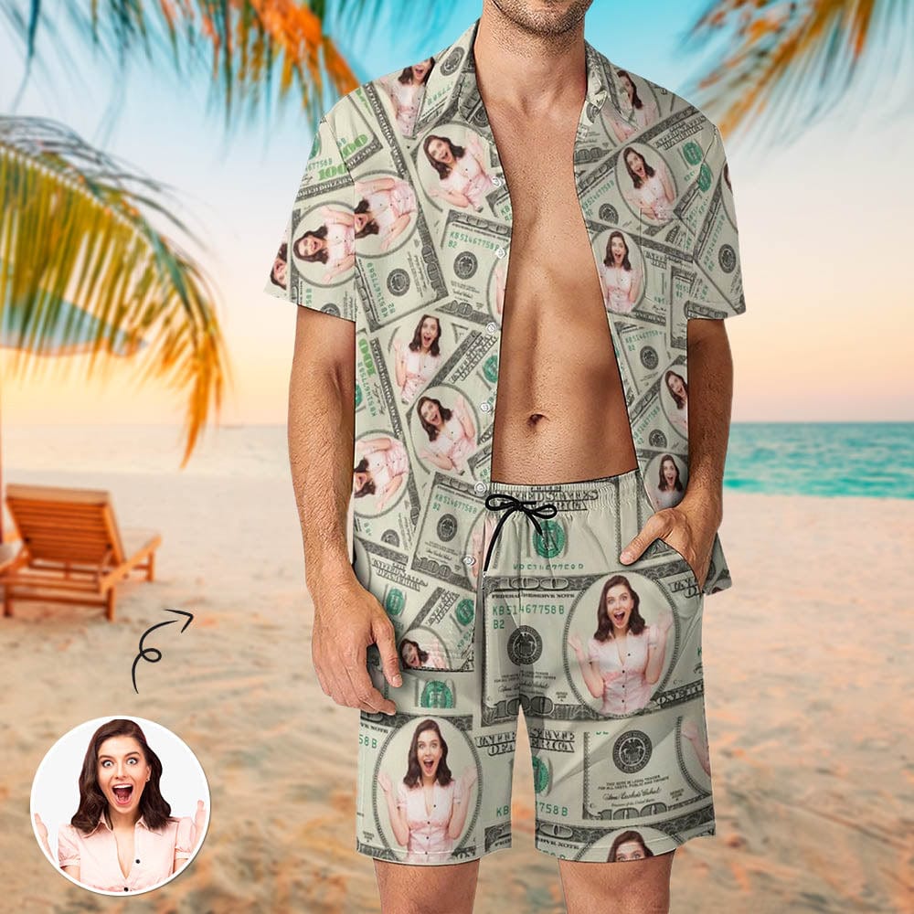 Custom Custom Face Dollars Shirt Hawaiian Sets Personalized Pocket Hawaiian Shirt & Beach Shorts Casual Beach Outfit Suit - YesCustom