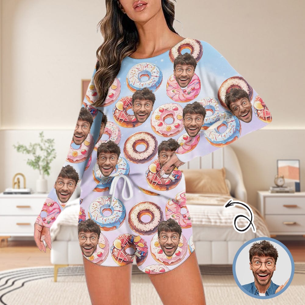 Custom Custom Face Donut Women's Long Sleeve One Side Off Shoulder Short Pajama Set - YesCustom