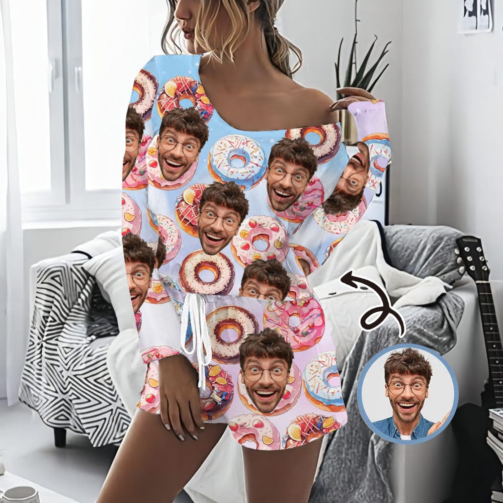 Custom Custom Face Donut Women's Long Sleeve One Side Off Shoulder Short Pajama Set - YesCustom