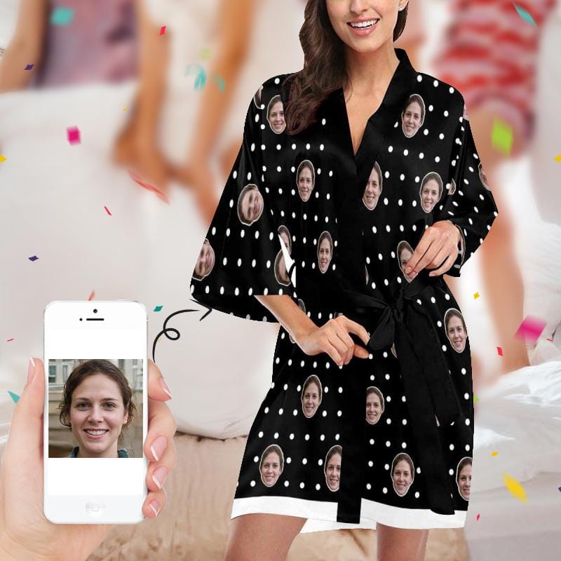Custom Custom Face Dot Black Women's Summer Short Pajamas Personalized Photo Pajamas Kimono Robe - YesCustom