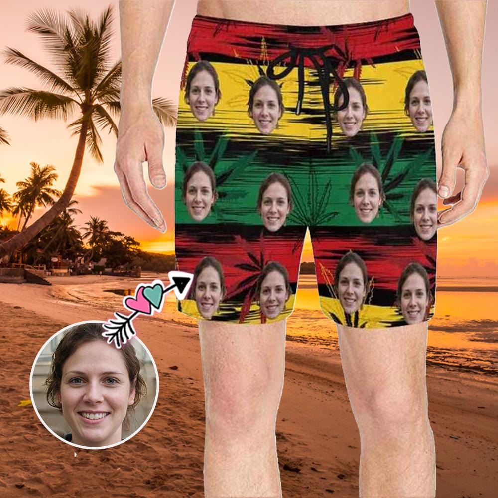 Custom Custom Face Drawstring Swim Trunks Personalized Colorful Leaves Men's Quick Dry Swim Shorts - YesCustom