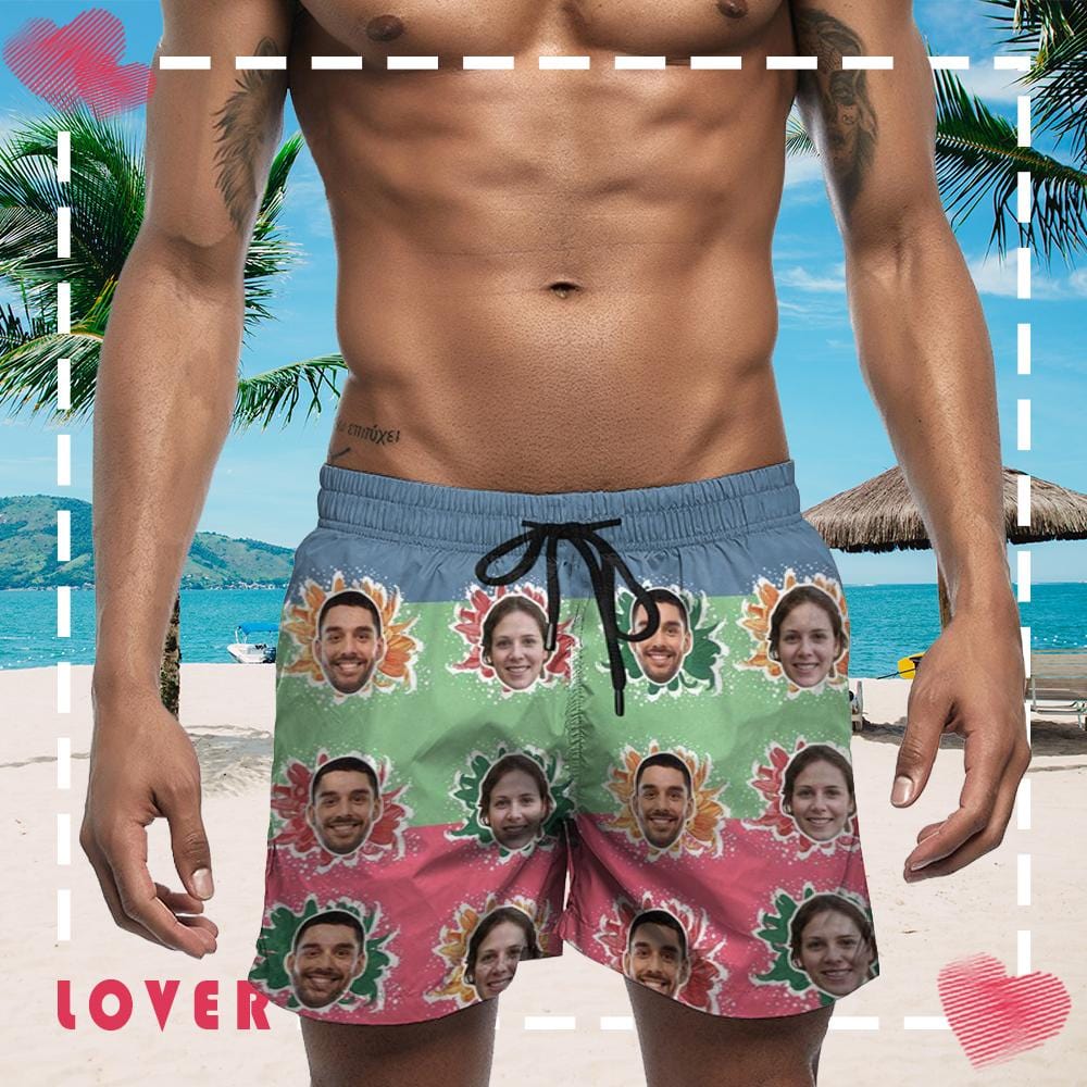 Custom Custom Face Drawstring Swim Trunks Personalized Face Colorful Flowers Men's Quick Dry Swim Shorts Gift for Valentine's Day - YesCustom