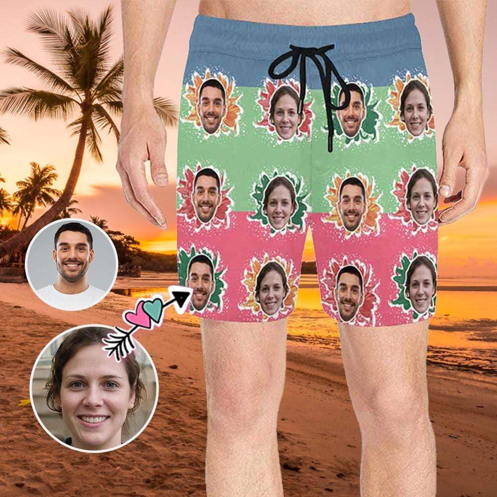 Custom Custom Face Drawstring Swim Trunks Personalized Face Colorful Flowers Men's Quick Dry Swim Shorts Gift for Valentine's Day - YesCustom