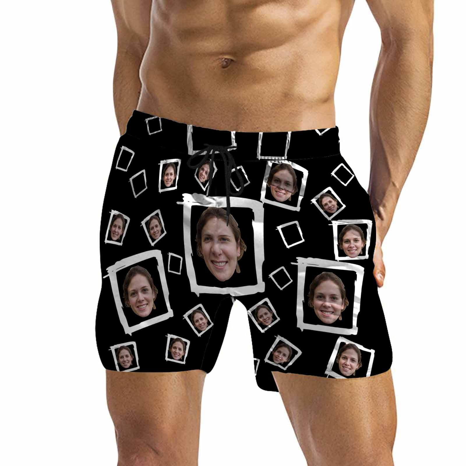 Custom Custom Face Drawstring Swim Trunks with Face & Logo Square Creative Men's Quick Dry Swim Shorts - YesCustom