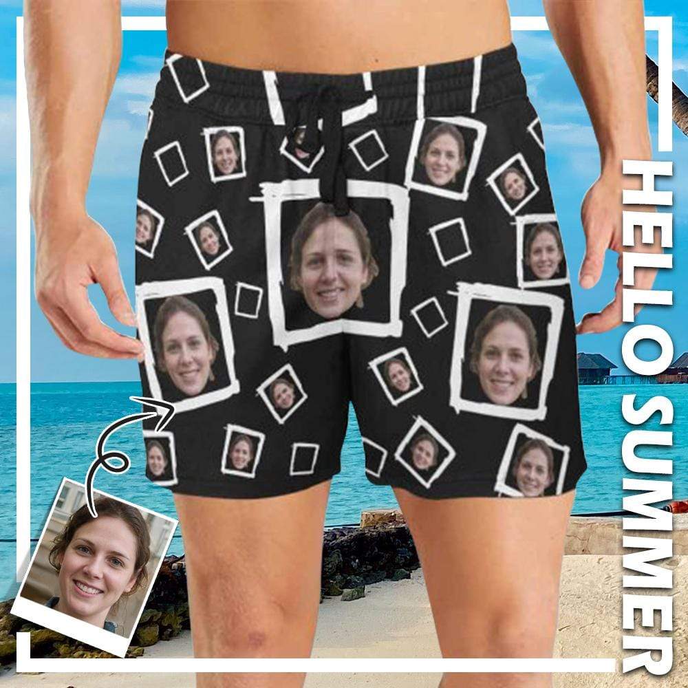 Custom Custom Face Drawstring Swim Trunks with Face & Logo Square Creative Men's Quick Dry Swim Shorts - YesCustom