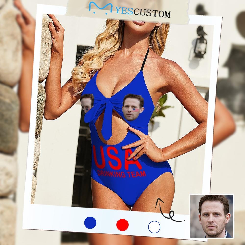 Custom Custom Face Drinking Team Women's Backless Bow One Piece Swimsuit - YesCustom