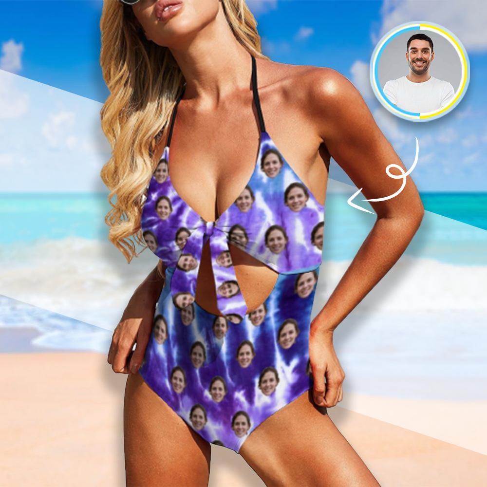 Custom Custom Face Dyeing Swimsuit Personalized Women's Backless Bow One Piece Bathing Suit Honeymoons Party For Her - YesCustom