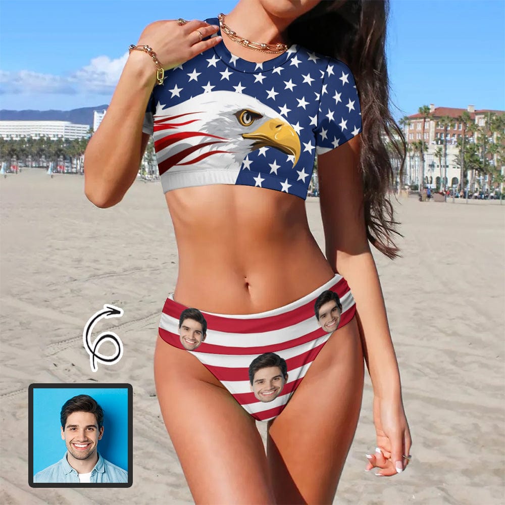 Custom Custom Face Eagle Short Sleeve Crew Neck Bikini Personalized Women's Two Piece Swimsuit Beach Outfits - YesCustom