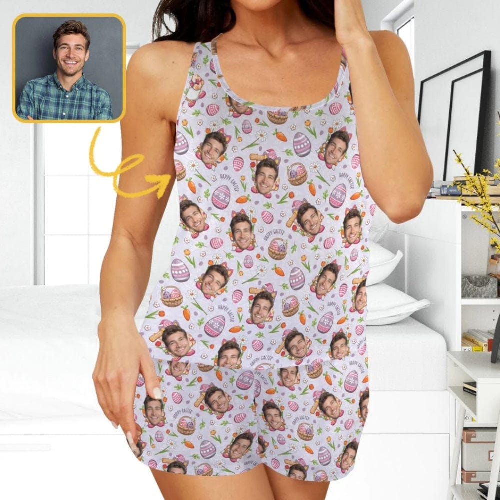 Custom Custom Face Easter Eggs Pajama Set Personalized Women's Racer Back Pajama Sets - YesCustom
