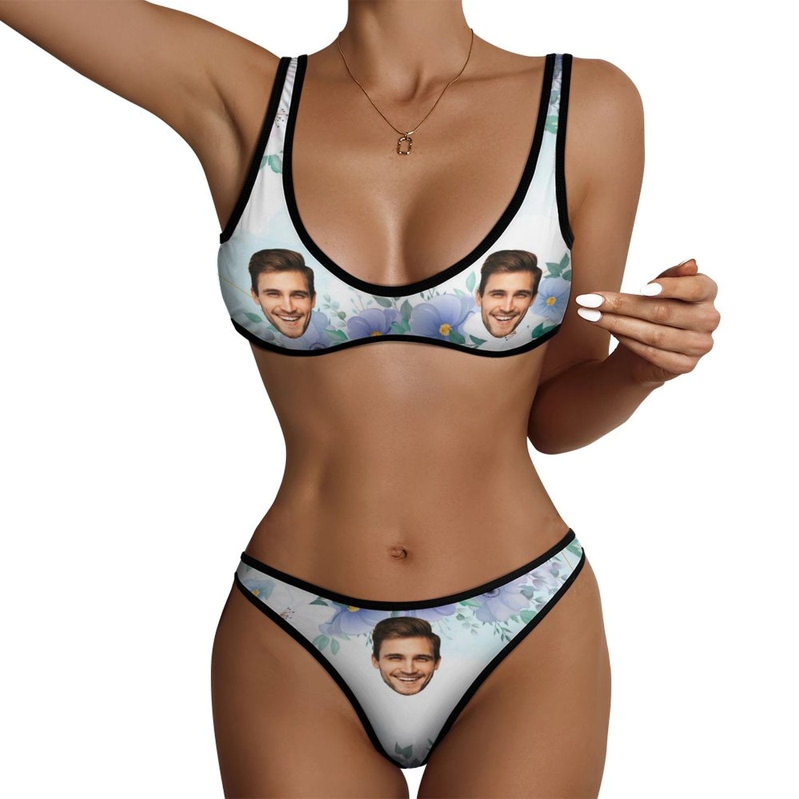 Custom Custom Face Elegant Flowers White Scoop Neck Sport Top Low Waisted Bikini Personalized Women's Two Piece Swimsuit Beach Outfits - YesCustom
