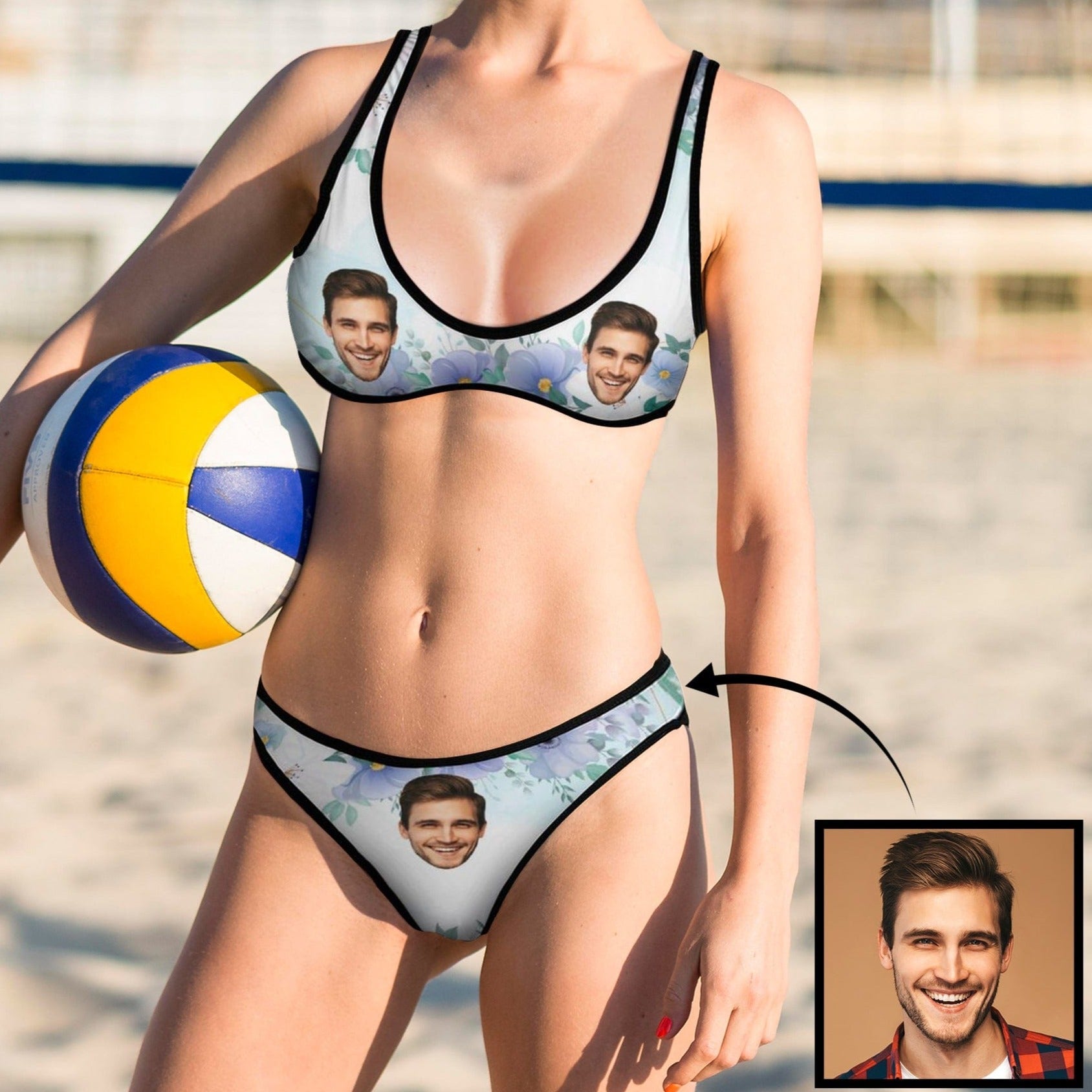 Custom Custom Face Elegant Flowers White Scoop Neck Sport Top Low Waisted Bikini Personalized Women's Two Piece Swimsuit Beach Outfits - YesCustom