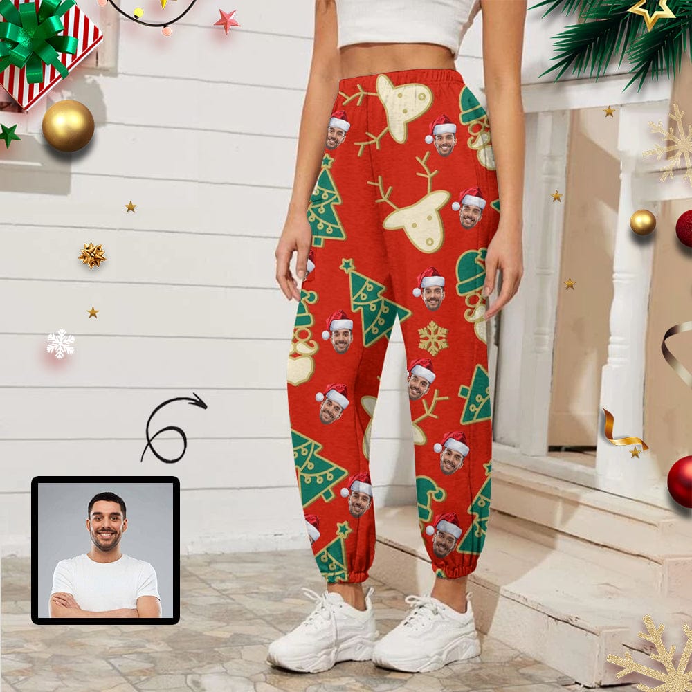 Custom Custom Face Elk Christmas Tree Women's Jogger Casual Trousers Elastic Waist Sport Pants With Pocket - YesCustom