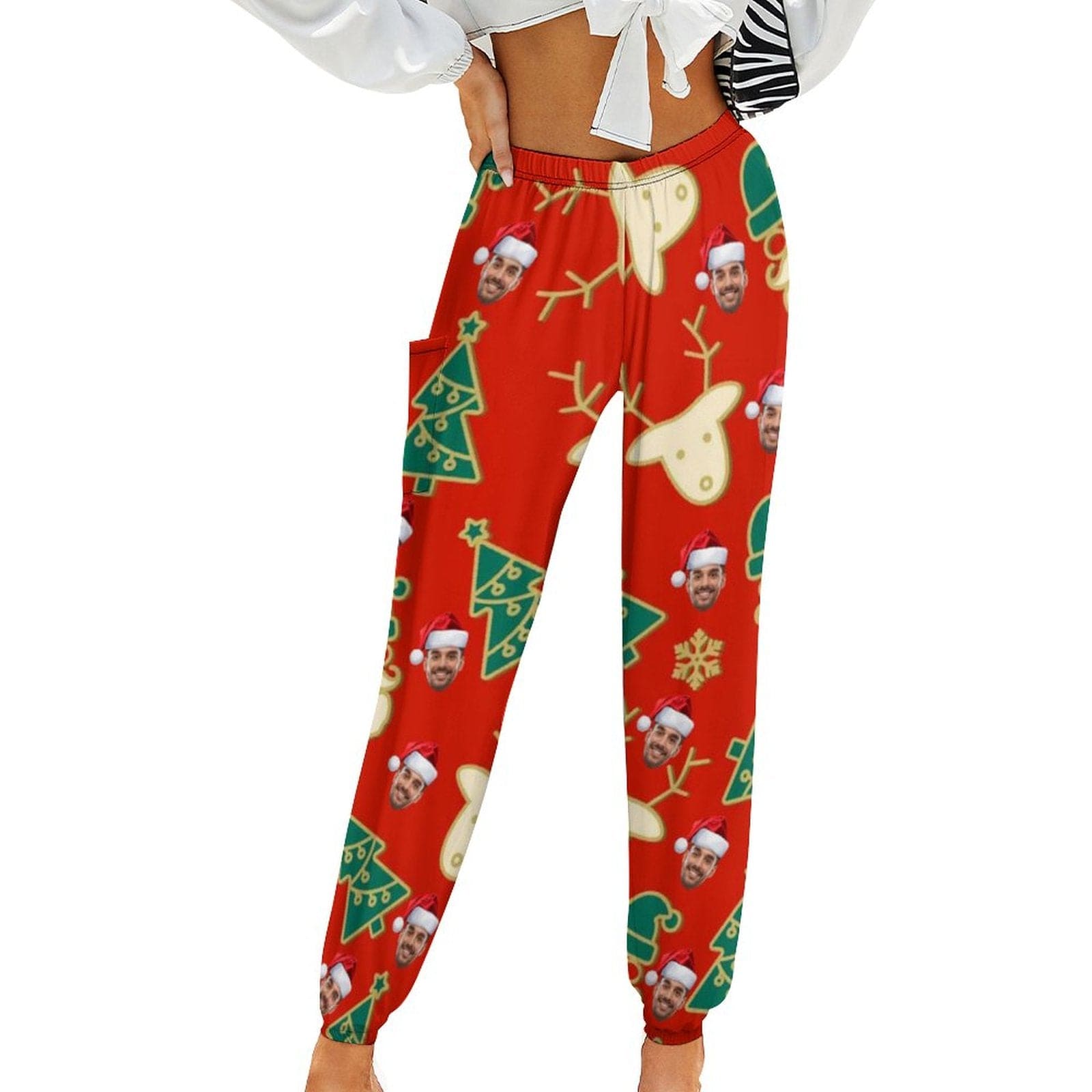 Custom Custom Face Elk Christmas Tree Women's Jogger Casual Trousers Elastic Waist Sport Pants With Pocket - YesCustom
