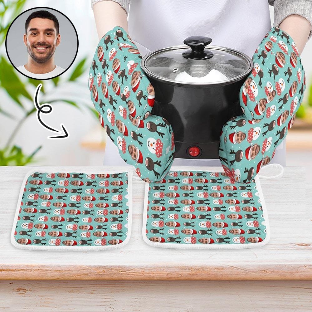 Custom Custom Face Elk Snowman Oven Mitt & Pot Holder Set Personalized Oven Mitt Gifts for Mom - YesCustom