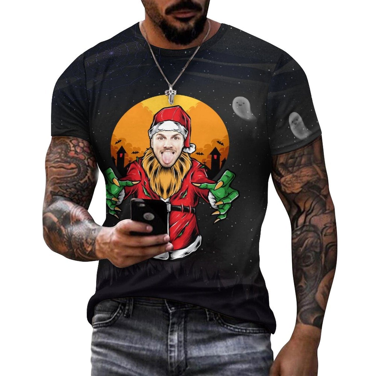 Custom Custom Face Evil Demon Christmas Pure Cotton T-Shirt Personalized Men's All Over Print Short Sleeve T-Shirt - YesCustom