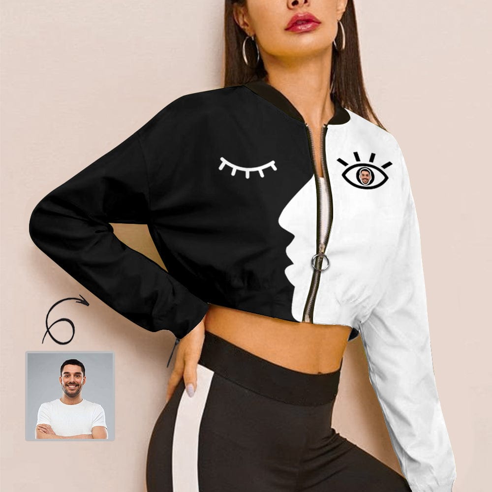 Custom Custom Face Eye Black White Women's Cropped Jacket Chiffon Jacket - YesCustom