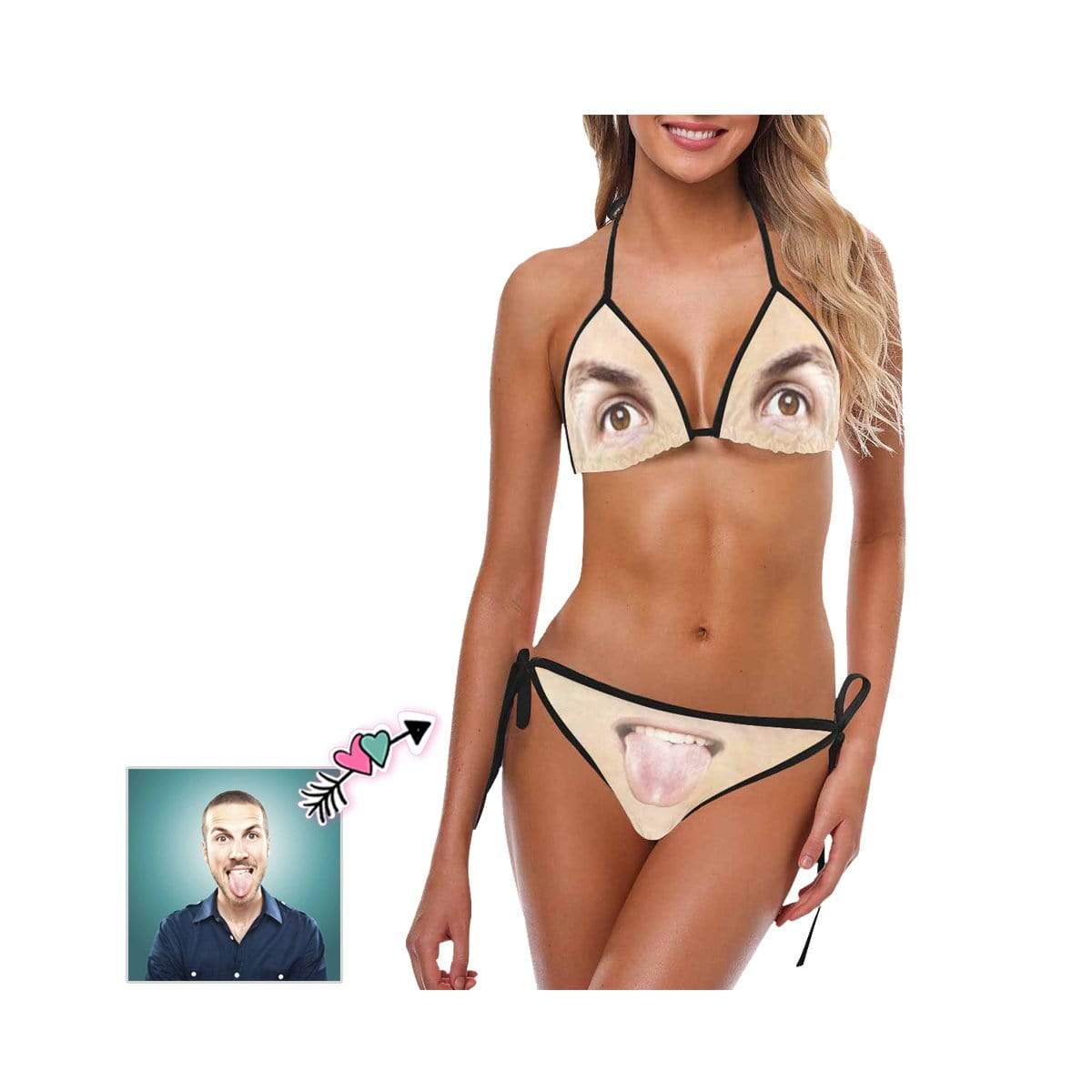 Custom Custom Face Eyes and Lips String Halter Tie Side Low Waisted Triangle Bikini Personalized Bathing Suit Women's Two Piece Swimsuit Summer Beach Pool Outfits - YesCustom