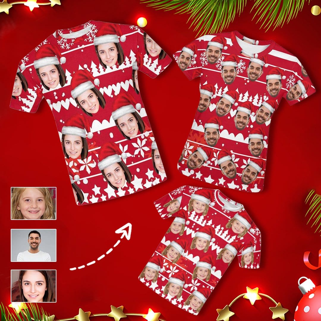 Custom Custom Face Family Christmas Red Background All Over Print T-shirt - YesCustom