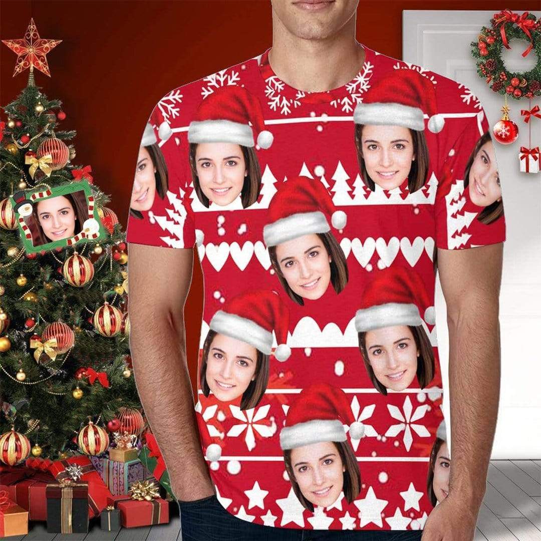 Custom Custom Face Family Christmas Red Background All Over Print T-shirt - YesCustom