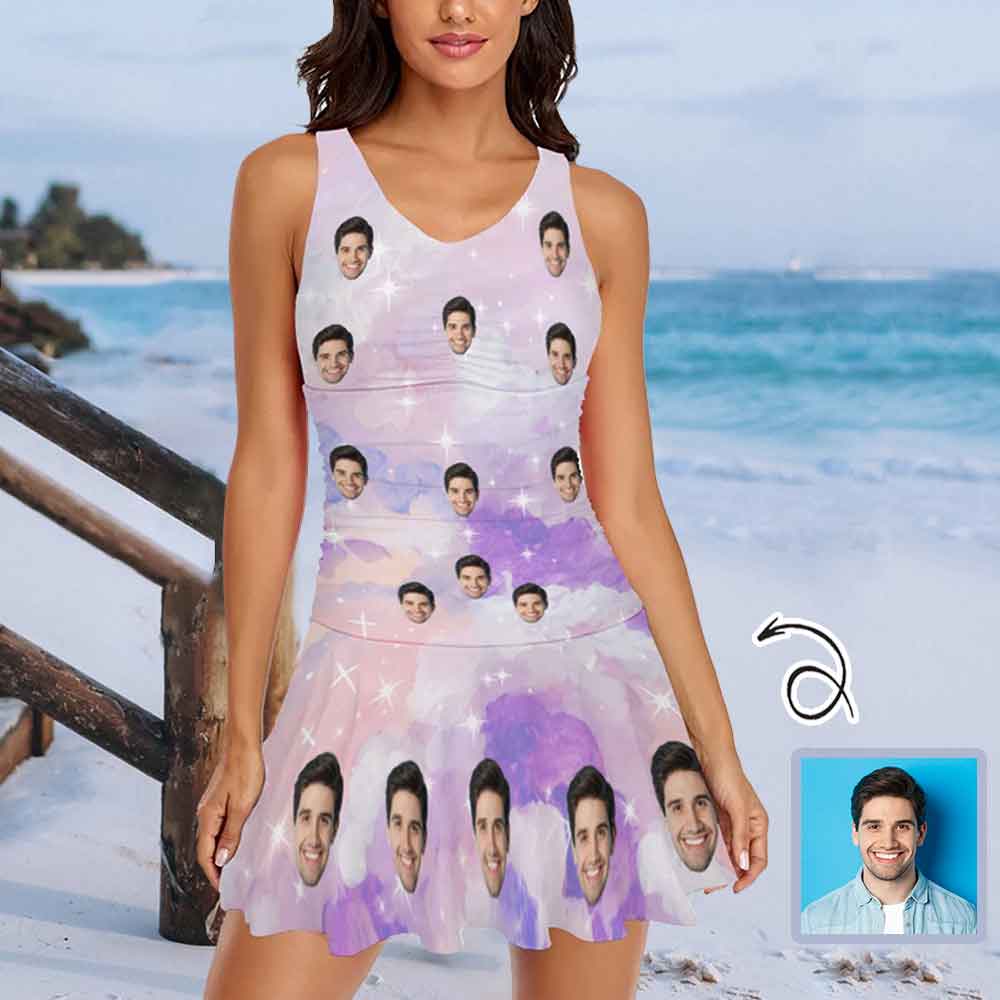 Custom Custom Face Fantasy Clouds Shining Star Swimdress For Women One Piece Swimsuit Custom Picture Bathing Suit - YesCustom