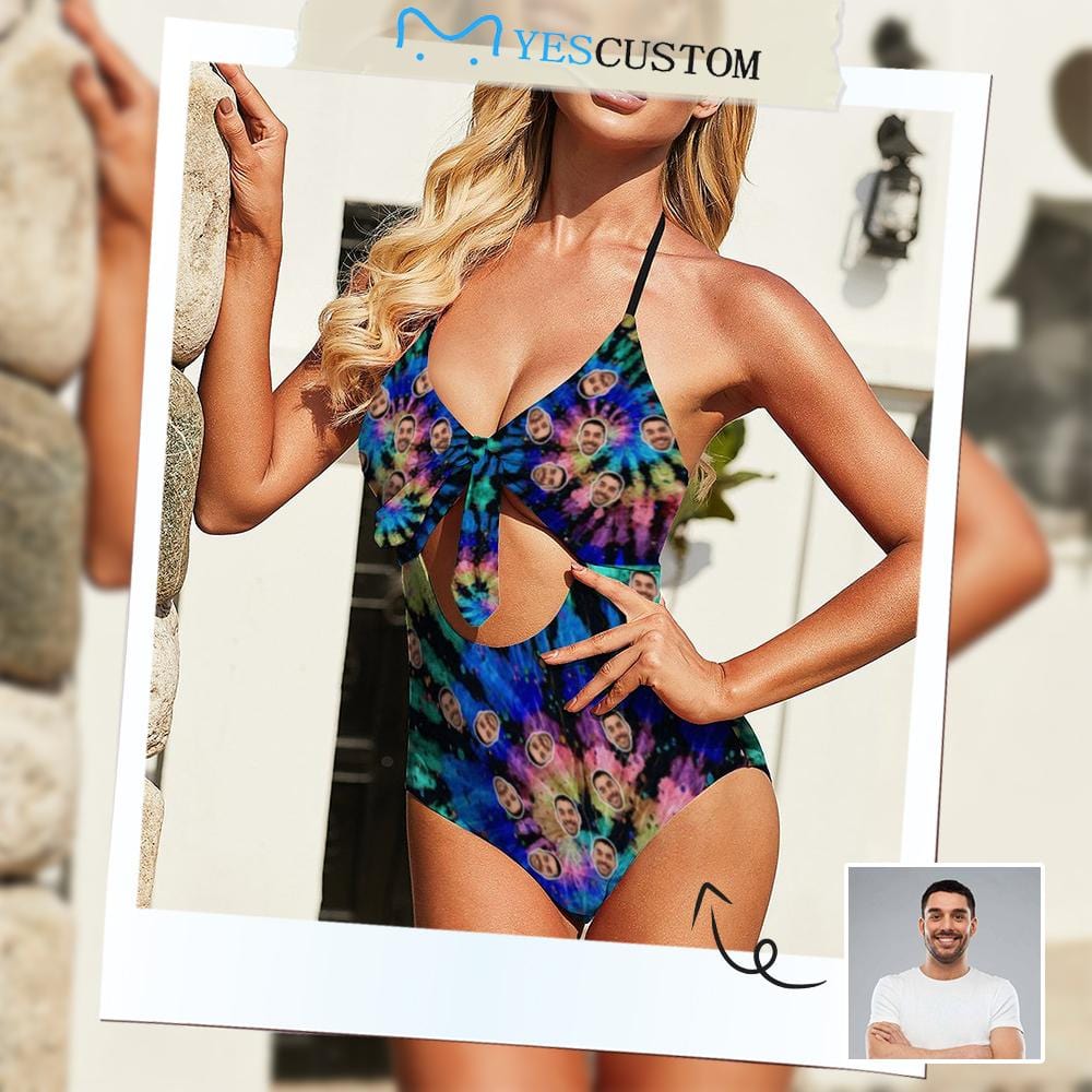 Custom Custom Face Fireworks Women's Backless Bow One Piece Swimsuit - YesCustom