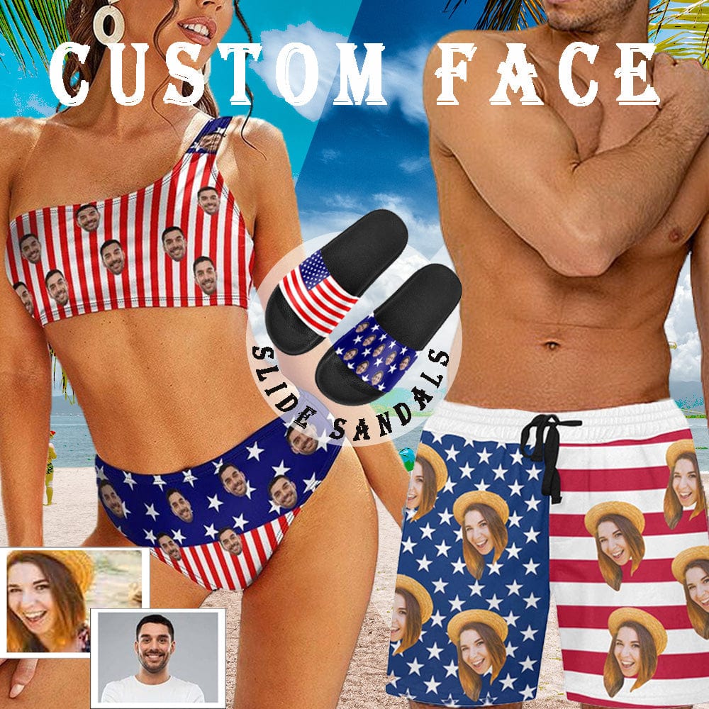 Custom Custom Face Flag Couple Matching Swimsuit One Shoulder Stringless Low Waited Bikini&Swim Shorts Personalized Bathing Suits Beach Outfits - YesCustom