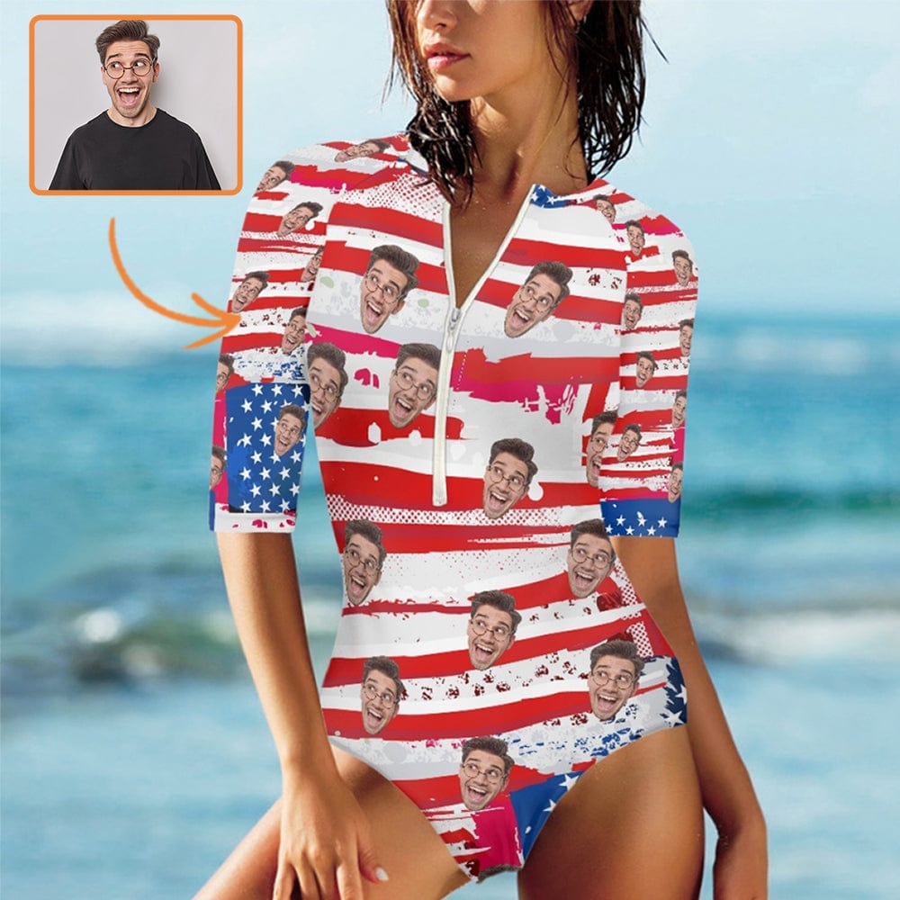 Custom Custom Face Flag Half Sleeve One Piece Swimsuit Personalized Face On Flag Half Sleeve Bikini - YesCustom
