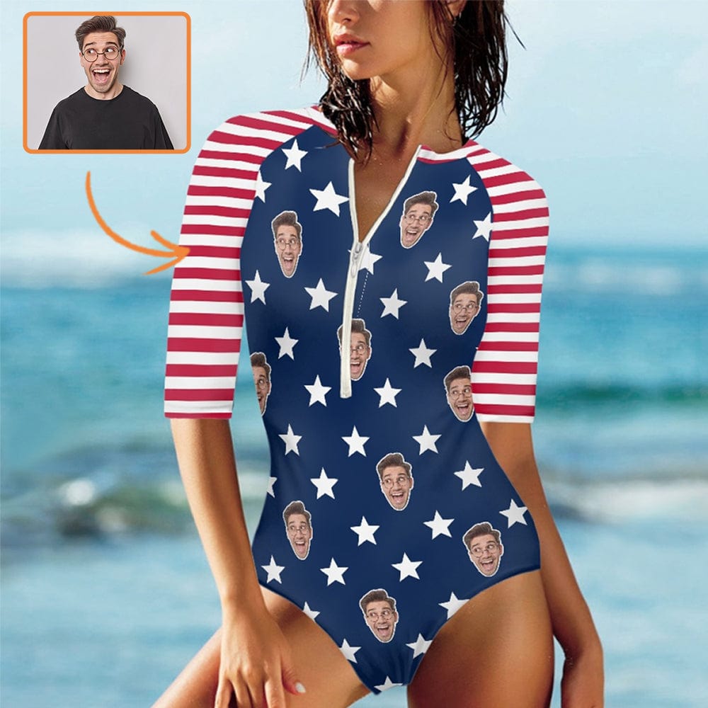 Custom Custom Face Flag Half Sleeve One Piece Swimsuit Personalized Face Stars And Stripes Half Sleeve Bikini - YesCustom