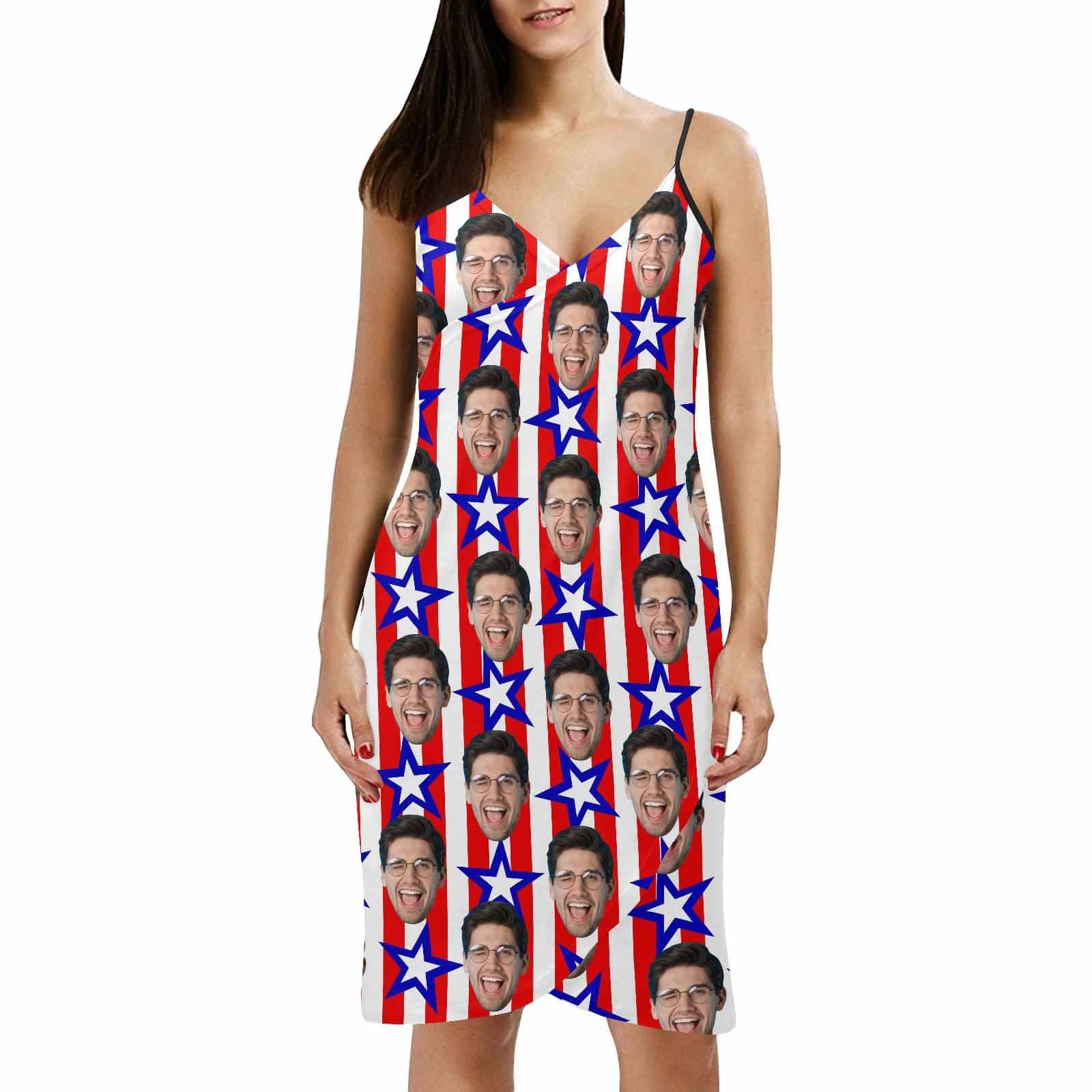 Custom Custom Face Flag Independence Day Strap Backless Beach Dress Personalized Women's Cover up Beach Dress - YesCustom