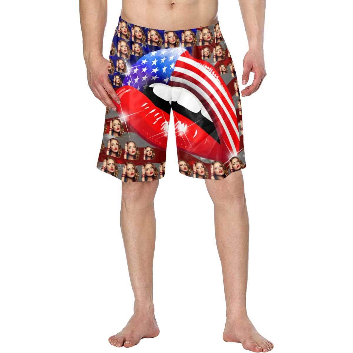 Custom Custom Face Flag Mouth Personalized Photo Men's Elastic Beach Shorts - YesCustom