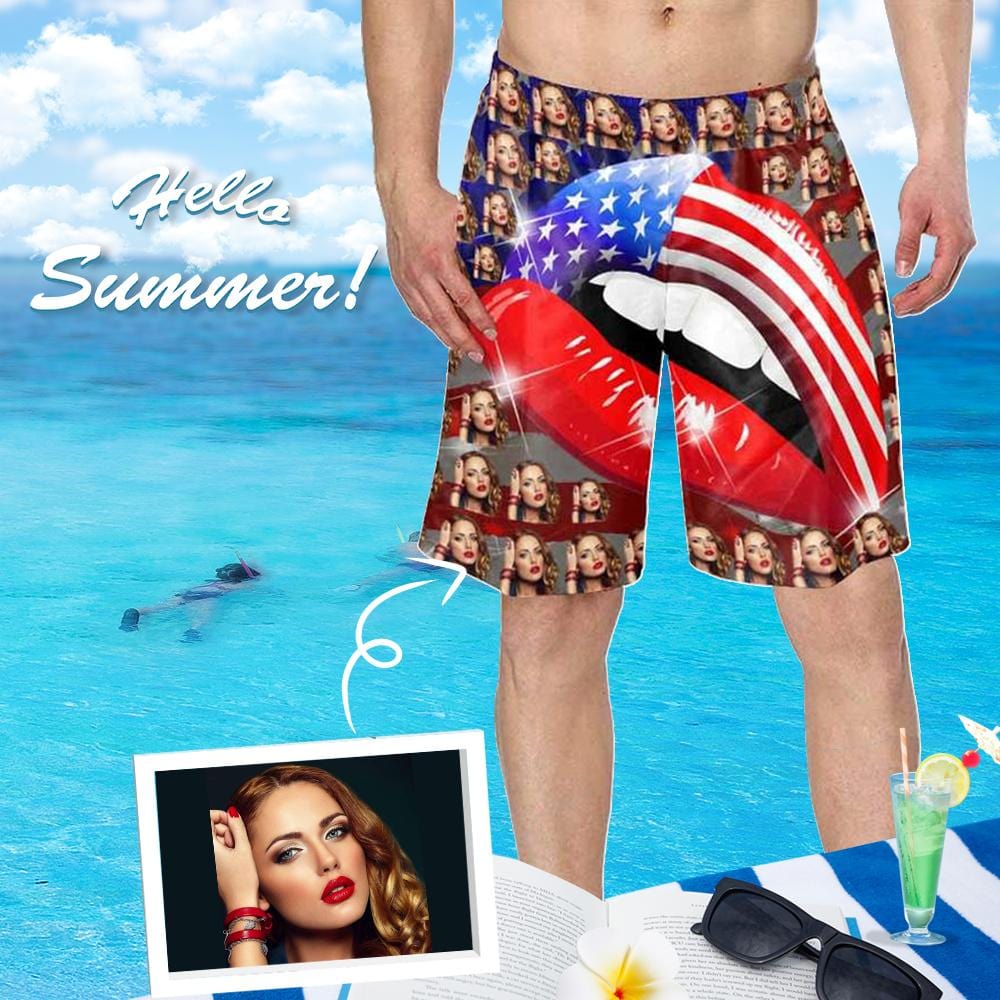 Custom Custom Face Flag Mouth Personalized Photo Men's Elastic Beach Shorts - YesCustom