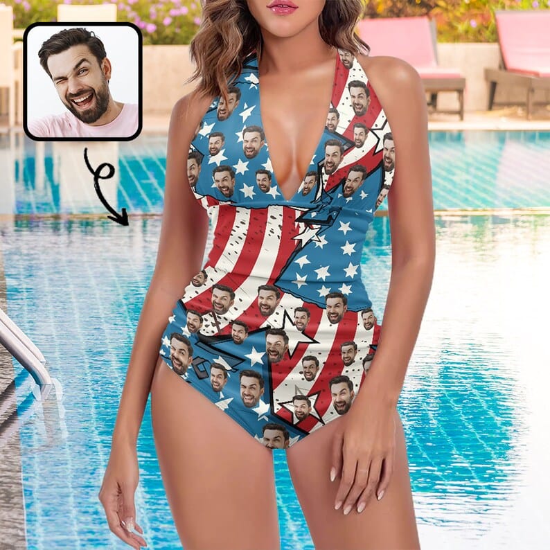Custom Custom Face Flag Star Women's Halter Neck Tie One Piece Swimsuit Sexy Backless Wide Straps V Neck - YesCustom