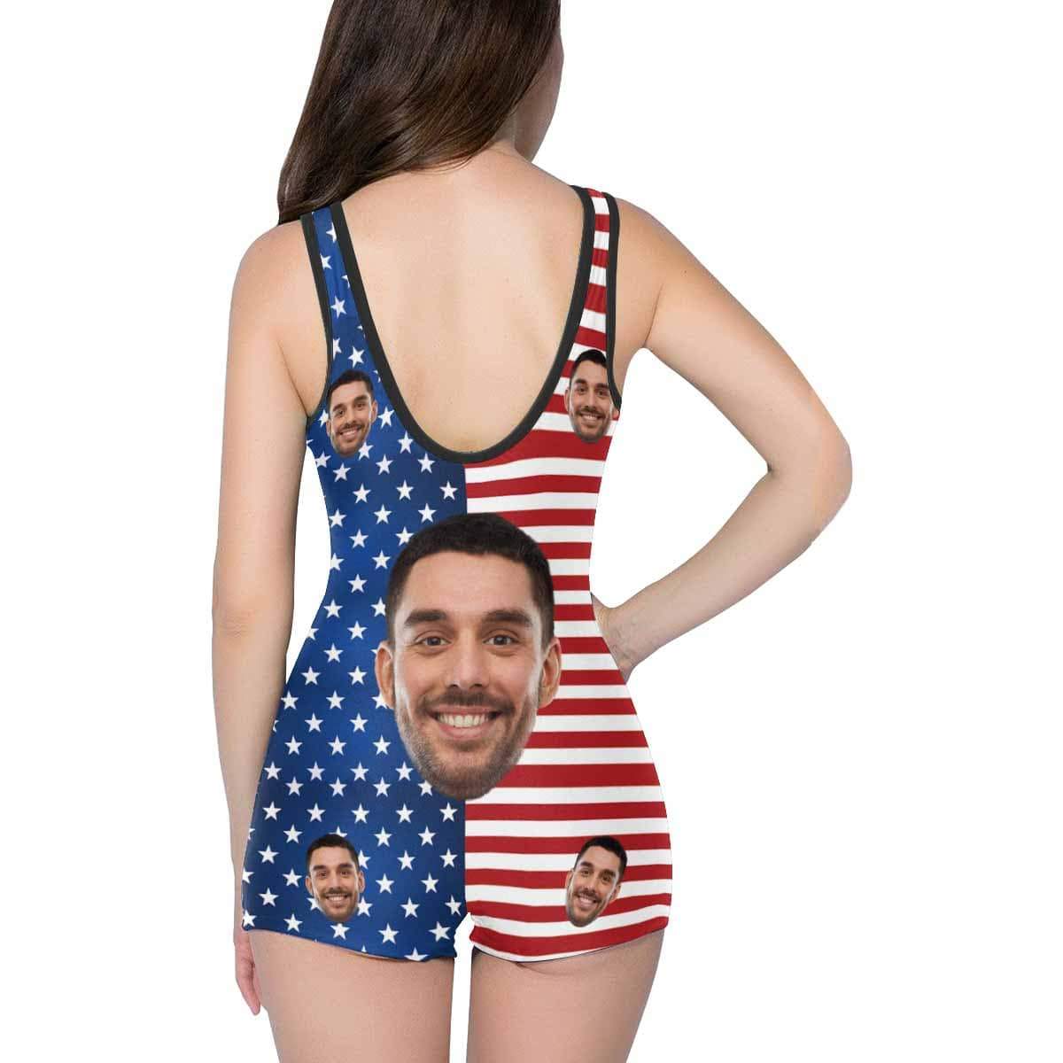 Custom Custom Face Flag Stripes Women's One Piece Boyleg Swimsuit - YesCustom