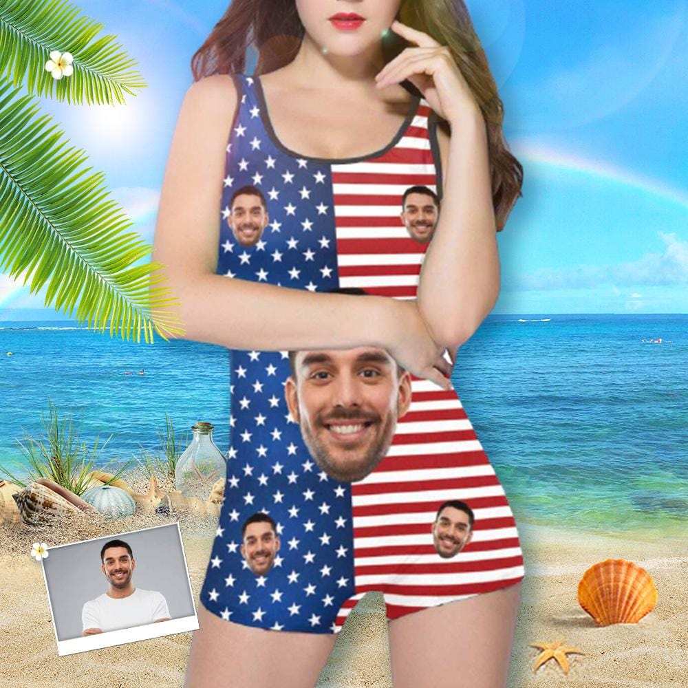 Custom Custom Face Flag Stripes Women's One Piece Boyleg Swimsuit - YesCustom