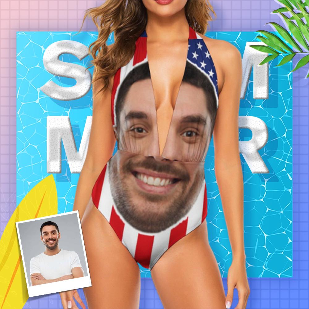 Custom Custom Face Flag Swimsuit Personalized Women's Backless V-Neck One Piece Bathing Suit Celebrate Holiday Party - YesCustom
