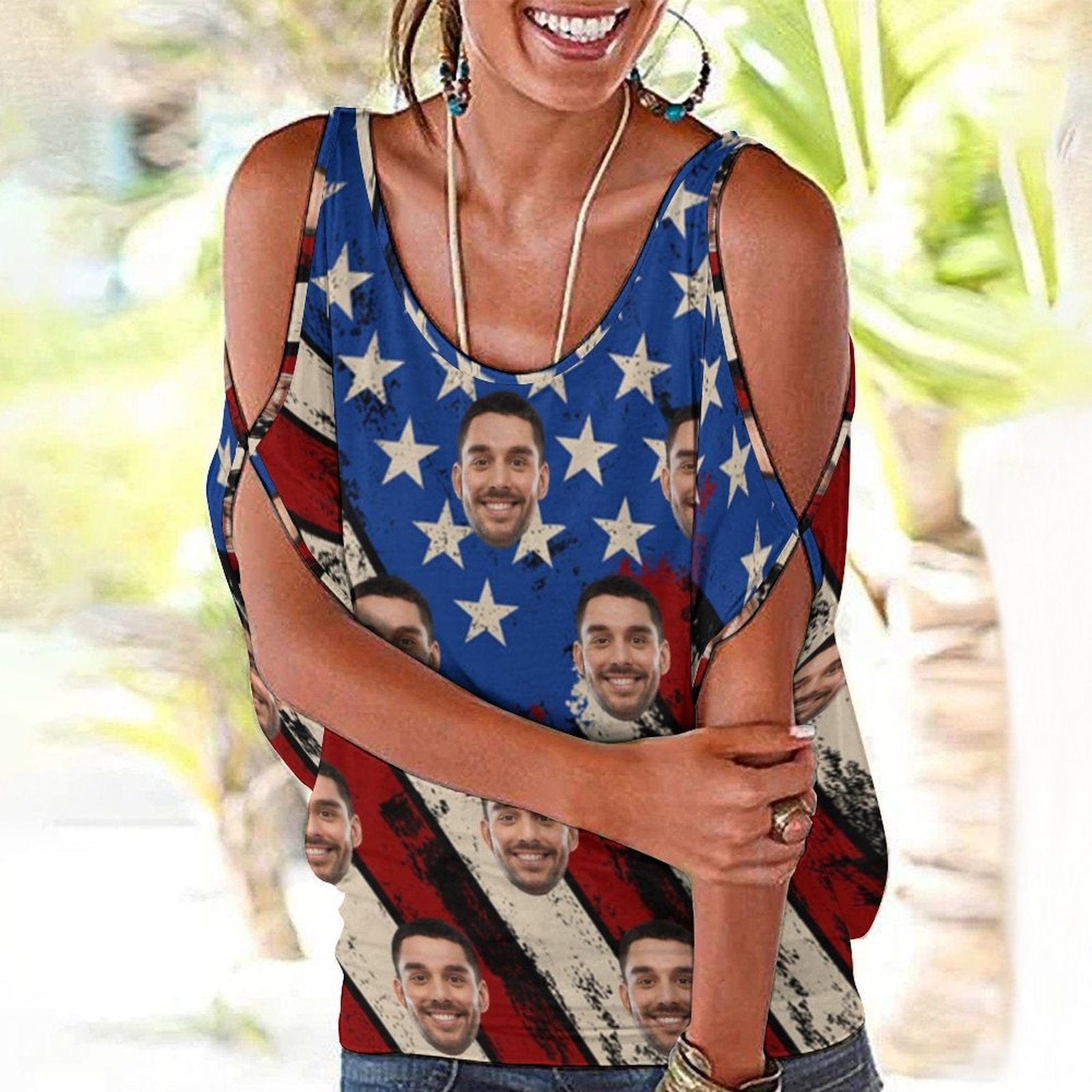 Custom Custom Face Flag Top Personalized Women's Tie Neck Cold Shoulder Top with Photo for Independence Day - YesCustom