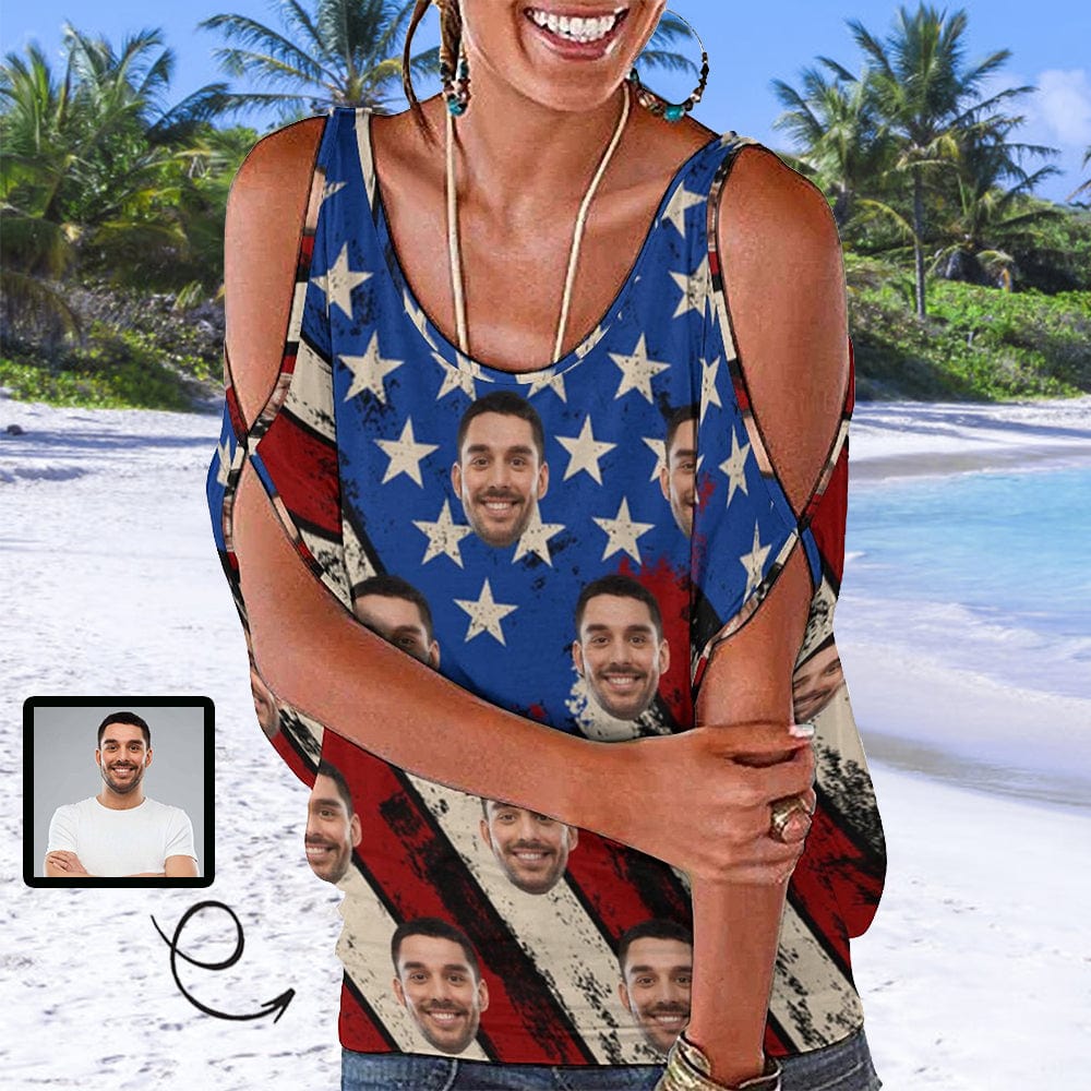 Custom Custom Face Flag Top Personalized Women's Tie Neck Cold Shoulder Top with Photo for Independence Day - YesCustom