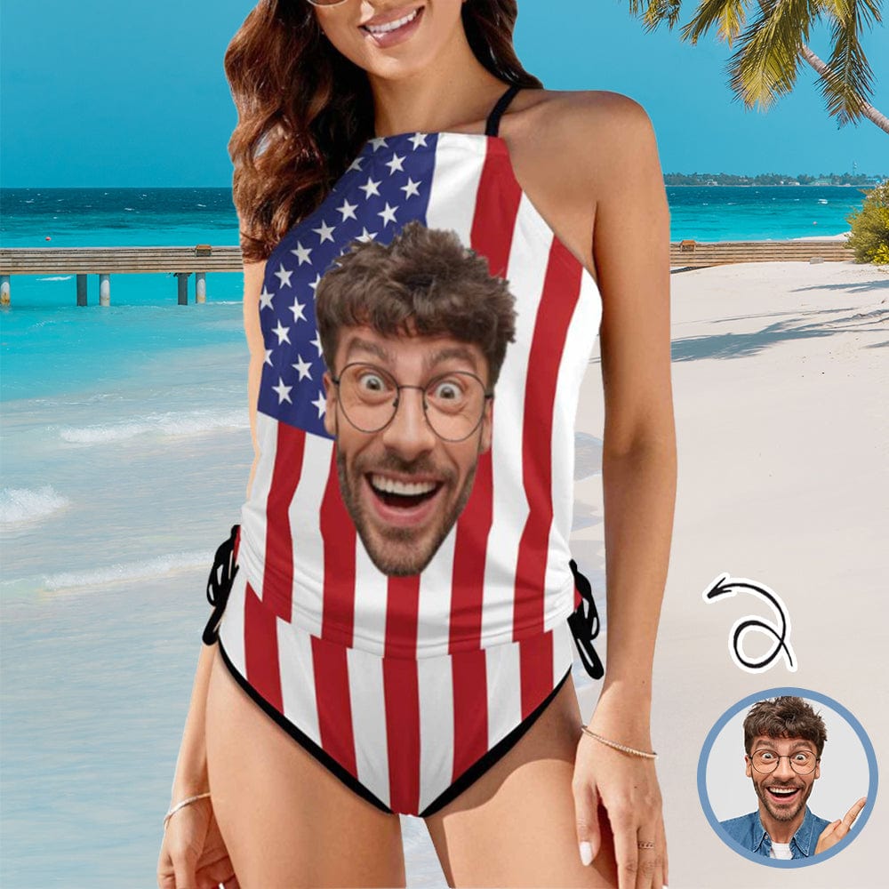 Custom Custom Face Flag USA Womens Sexy Halter Tummy Control Swimsuit Tankini Top Sets Fashion Two Piece Bathing Suit with Tie Side - YesCustom
