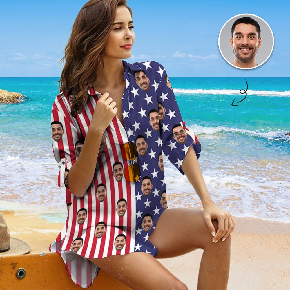 Custom Custom Face Flag Vertical Stripes Chiffon Shirt Dress Thin Cover Up Personalized Women's V-Neck Bikini Beach Tunic Top - YesCustom