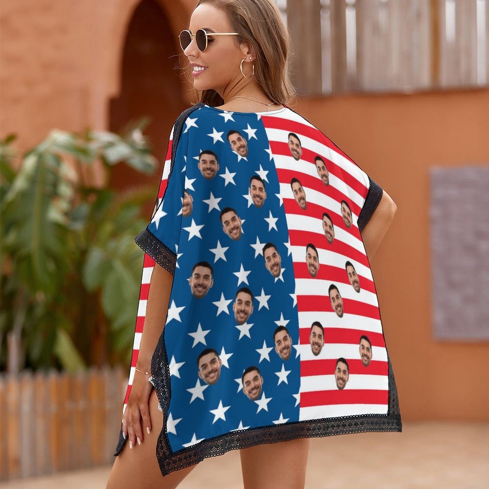 Custom Custom Face Flag Women's Bikini Swimsuit Cover Up for Independence Day Personalized Cover Up Dress Women's Beachwear Cover Ups - YesCustom
