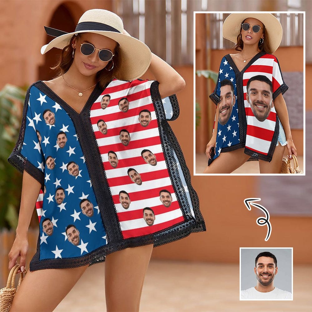 Custom Custom Face Flag Women's Bikini Swimsuit Cover Up for Independence Day Personalized Cover Up Dress Women's Beachwear Cover Ups - YesCustom