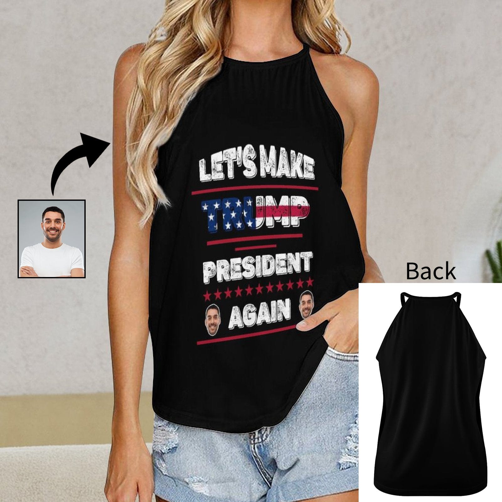 Custom Custom Face Flag Women's Top Text Black Summer Halterneck Strapless Print Vest Shirts Loose Tank Top - YesCustom