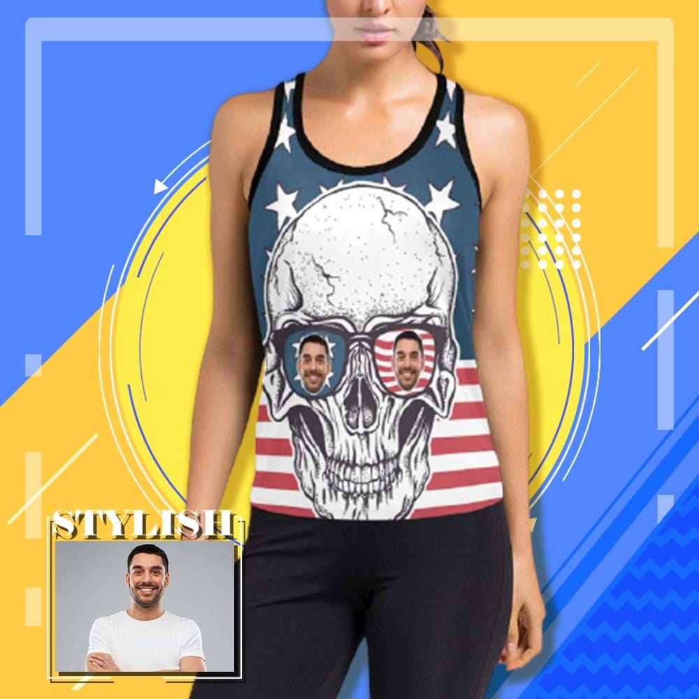 Custom Custom Face Flag&Skull Tops Personalized Women's Racerback Yoga Tank Top - YesCustom