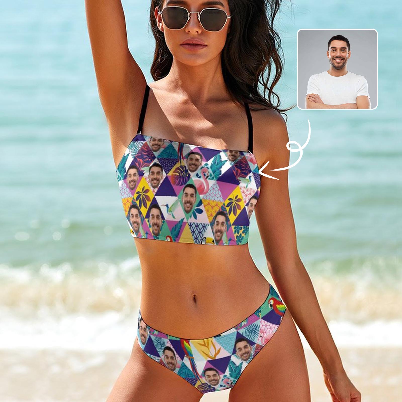 Custom Custom Face Flamingo Diamond Lattice Bikini Personalized Bathing Suit Women's Suspenders Bandeau Bikini Set Two Piece Swimsuits - YesCustom