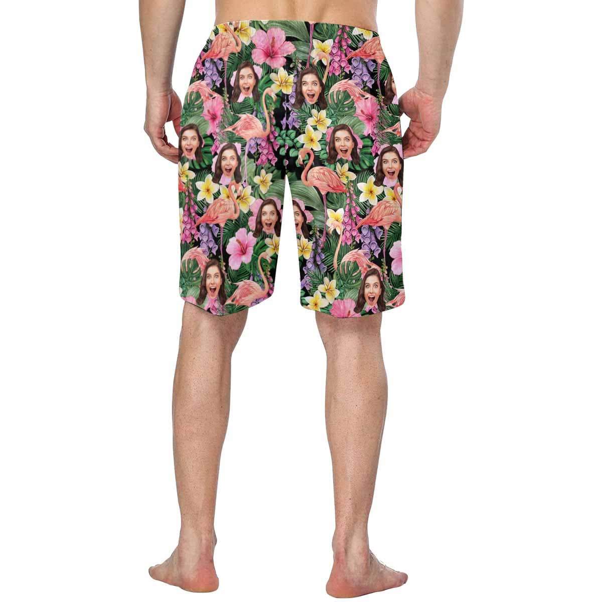 Custom Custom Face Flamingo Flowers Personalized Photo Men's Elastic Beach Shorts - YesCustom