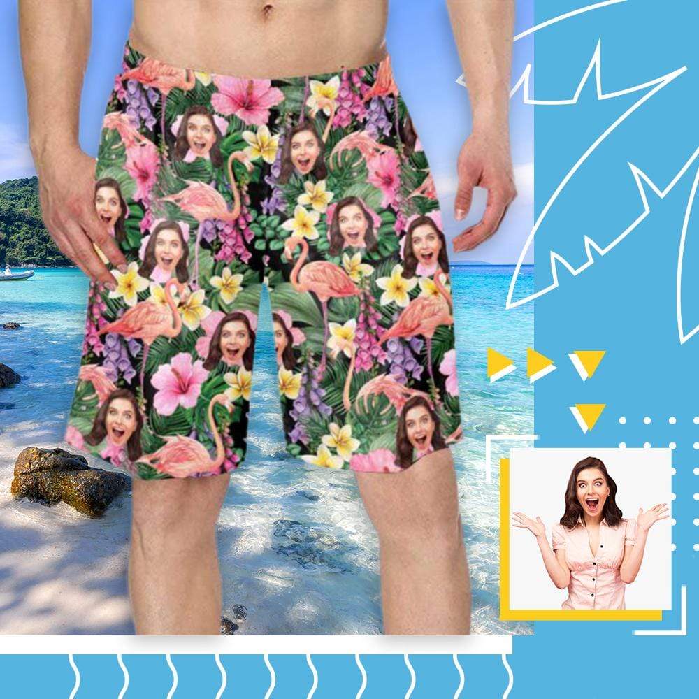 Custom Custom Face Flamingo Flowers Personalized Photo Men's Elastic Beach Shorts - YesCustom