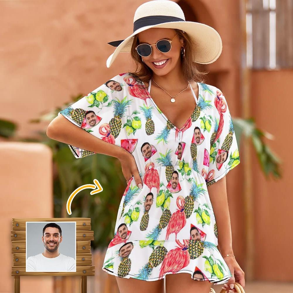 Custom Custom Face Flamingo Fruits One Piece Cover Up Dress Personalized Women's Short Sleeve Beachwear Coverups - YesCustom