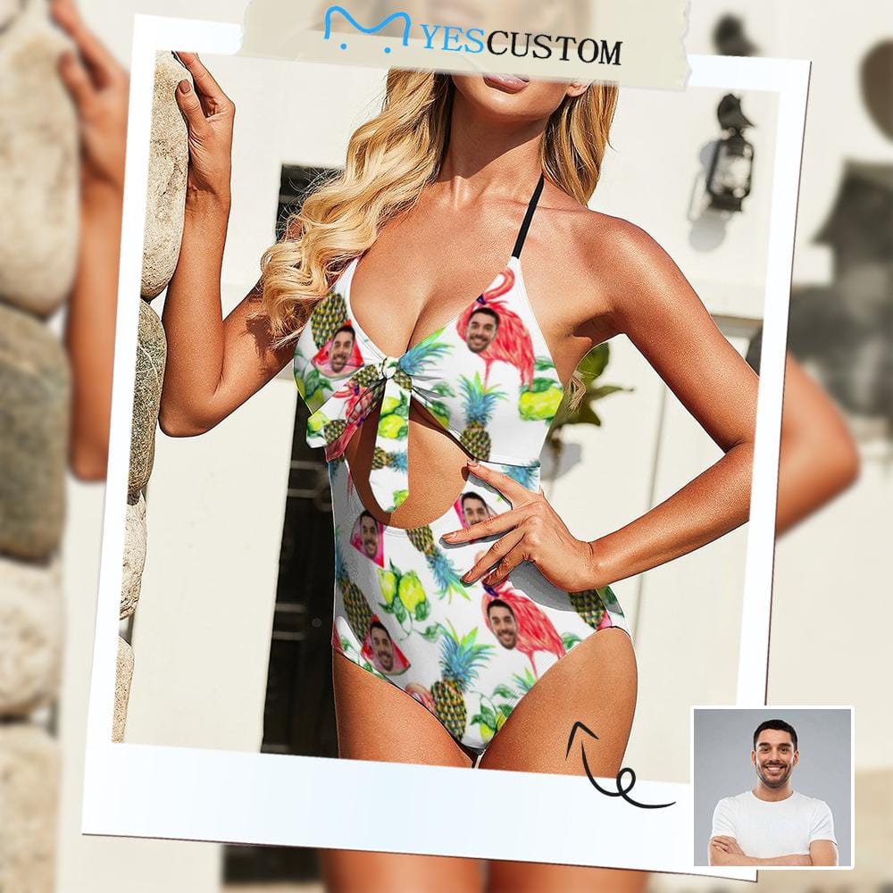 Custom Custom Face Flamingo Fruits Women's Backless Bow One Piece Swimsuit - YesCustom